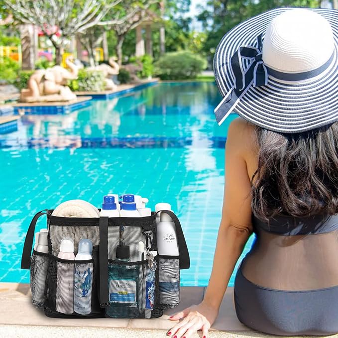 Mesh Shower Caddy Portable, Quick Dry Hanging Toiletry Bag for College Dorm Essentials with 4 Pockets/Divider/Plastic Bottom, Travel Tote Bag for Camping, Bathroom, Beach, Swimming, Gym