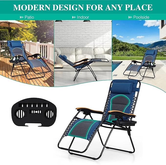 PHI VILLA XXL Oversized Padded Zero Gravity Chair, Foldable Patio Recliner, 30" Wide Seat Anti Gravity Lounger with Cup Holder, Set of 2, Support 400 LBS (Blue Accent)