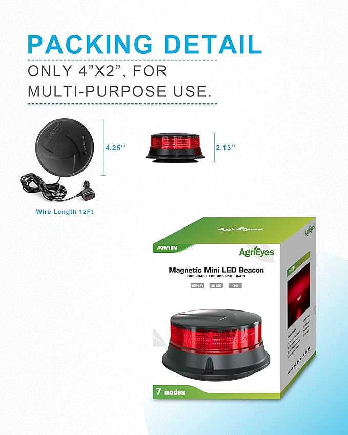 Agrieyes Red Beacon Light 4.2Inch, 7 Flashing Modes Safety Warning Lights Magnetic, LED Emergency Strobe Lights for Vehicles, Caution Hazard Lights for Truck Tractor Golf Carts Snow Plow Postal Cars