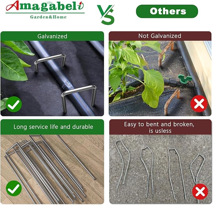Amagabeli 10 Inch Galvanized Landscape Staples 300 Pack Garden Stakes Heavy-Duty Sod Pins Anti-Rust Fence Stakes for Weed Barrier Fabric Ground Cover Dripper Irrigation Tubing Soaker ET104
