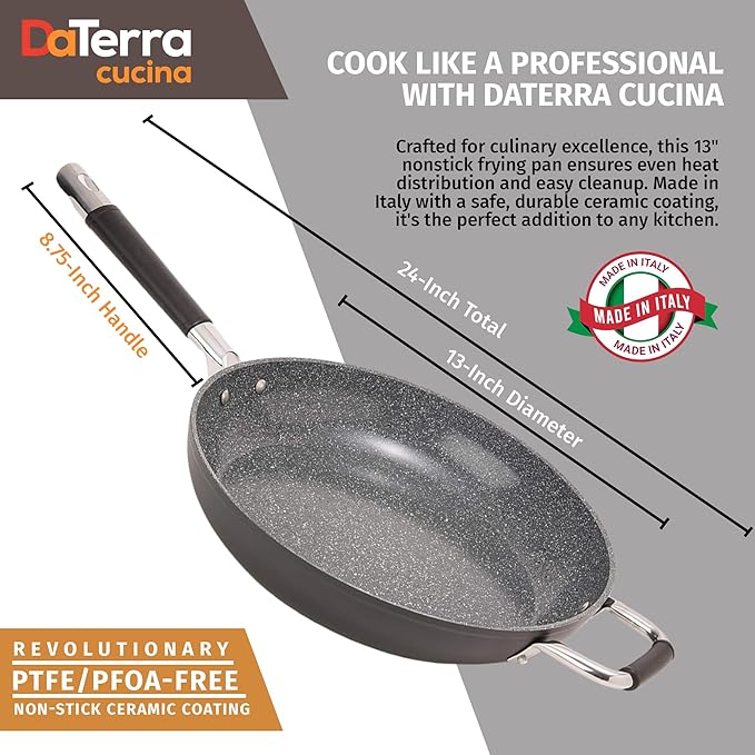 DaTerra Cucina - 13" Nonstick Ceramic Frying Pan - Made in Italy - Oven Safe - High Heat Resistant Nonstick Cookware - PTFE, Cadmium, Lead & PFOA free - Volcanic Black Speckled