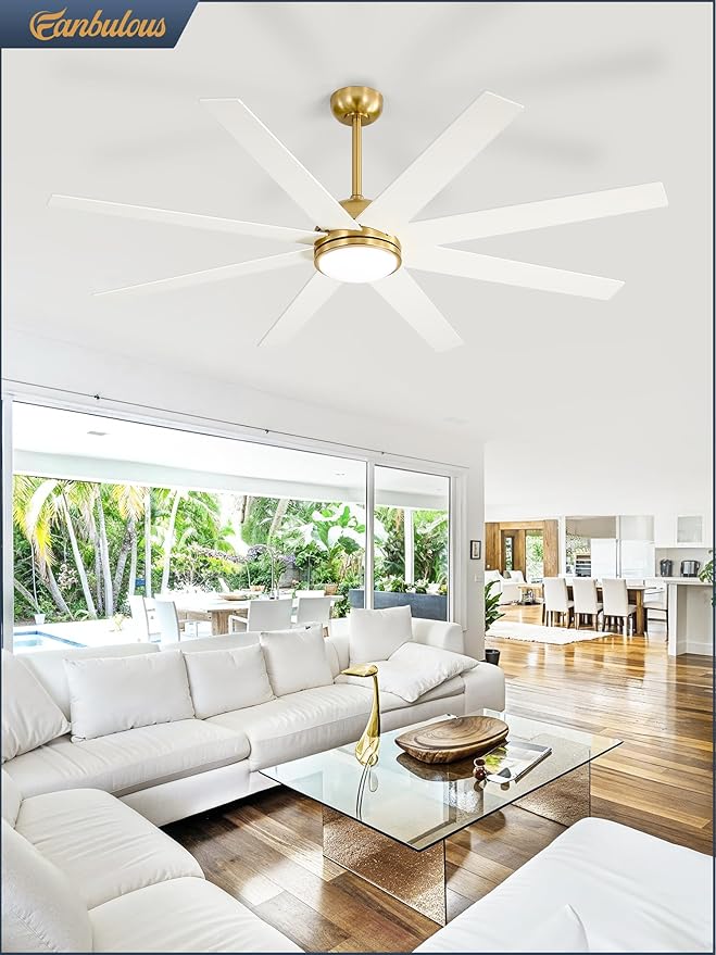 65 Inch Ceiling Fans with Lights and Remote, Gold Indoor/Outdoor Ceiling Fan with Quiet Reversible DC Motor, 6 Speeds, 3CCT, 8 Blades Large Ceiling Fan for Living Room Bedroom Patio