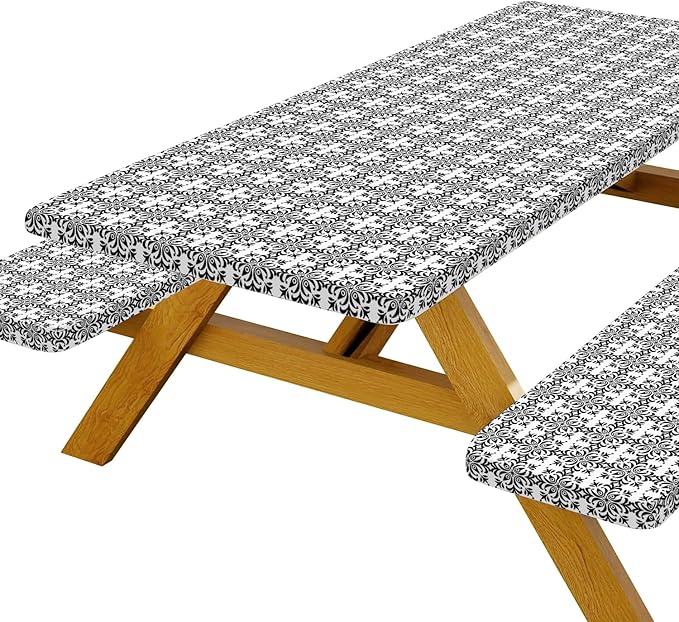 DYNH 3 Pcs Picnic Table Cover with Bench Covers, 6ft Elegant Patterns Waterproof Reusable Elastic Fitted Rectangle Picnic Table Cloths,30x72IN Picnic Tablecloth for Camping Patio Travel Outdoor