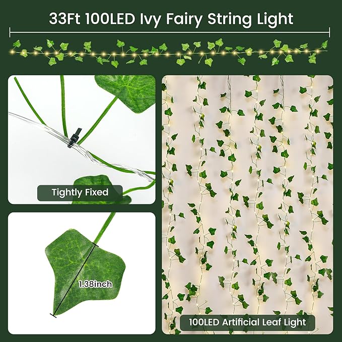 Vine with Fairy Lights for Room Decor, 33ft 100 LED Fake Ivy String Light Battery Operated Ivy Curtain Lights for Dorm, Wedding, Party, Garden, Wall, Patio,Table Decor, Indoor, Outdoor(Warm White)