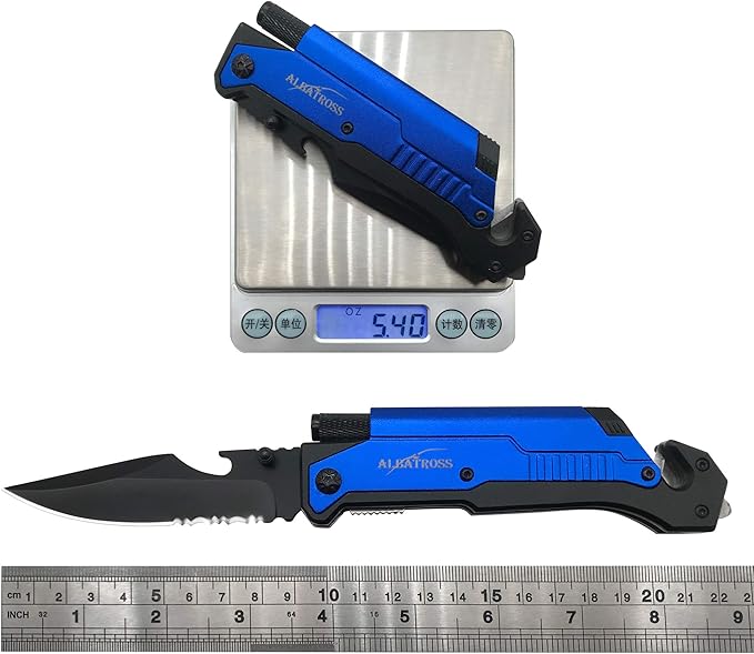 ALBATROSS 6-in-1 Survival Tactical Military Folding Pocket Knives with LED Light,Seatbelt Cutter,Glass Breaker,Magnesium Fire Starter,Bottle Opener;Multi-Function Emergency Tool(Blue)