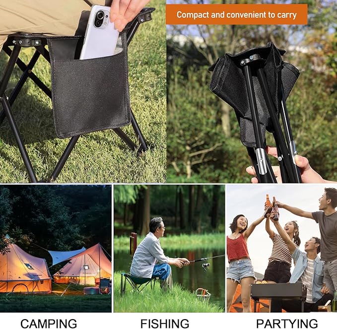 2 Pairs Camping Stool, 13 InchLightweight Folding Camping Chair, Lightweight Folding Stool Seat with Side Pocket and Carry Bag for Outdoor Hiking, Fishing, Picnic, Beach and Lawn Party