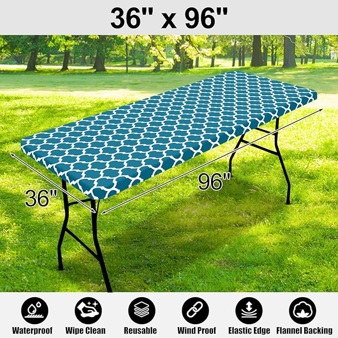 Smiry Rectangle Picnic Table Cover, Waterproof Elastic Fitted Camping Tablecloths for 8 Foot Tables, Wipeable Flannel Backed Vinyl Tablecloth Protector for Indoor, Outdoor (Turquoise, 36x96 Inches)