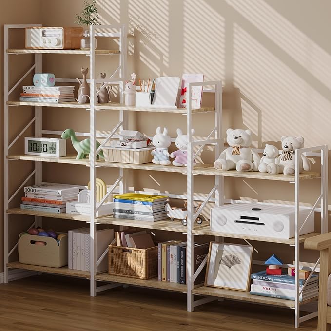 JSB No Assembly Folding Bookshelf, 4 Tier Industrial Metal Book Shelf for Storage, Vintage Wood Foldable Bookcase for Living Room, Bedroom, Office Organization Shelves