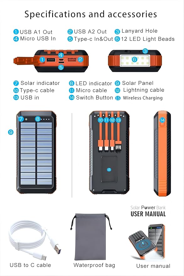 Solar Charger Power Bank 49800mAh, Portable Phone Charging Built-in 4 Cables 22.5W Fast Charging for Cell Phones, Type-C input/Output Port Solar Panel Charger with Dual Flashlights&Compass for Camping