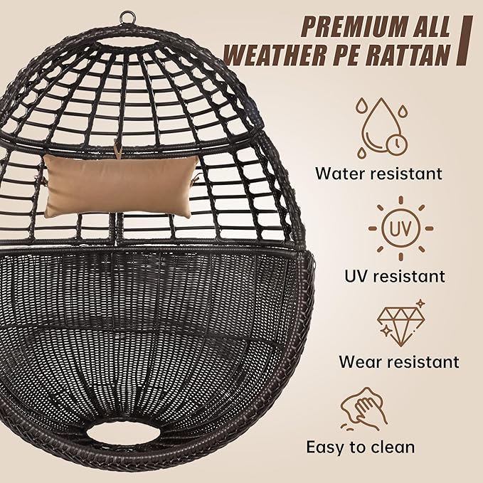 Egg Swing Hanging Chair with Stand, Outdoor Rattan Egg Hammock Chair with Cushion Pillow for Indoor Bedroom Patio Garden for 330lbs/150kg - Dark Brown