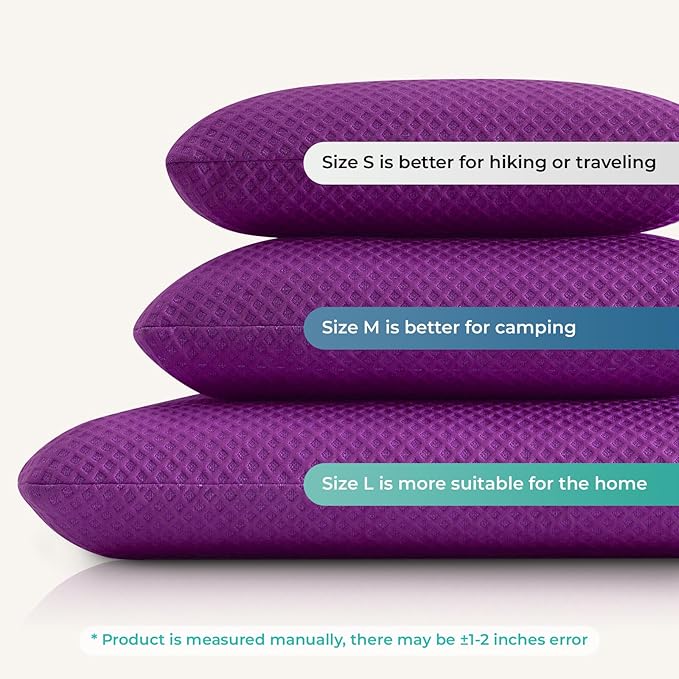 Travel Pillow Memory Foam Pillows, Camping Pillow-Compressible Medium Firm, Breathable Cover, Ideal Backpacking Hiking, Bed Pillows, Airplane and Car (Purple, L)