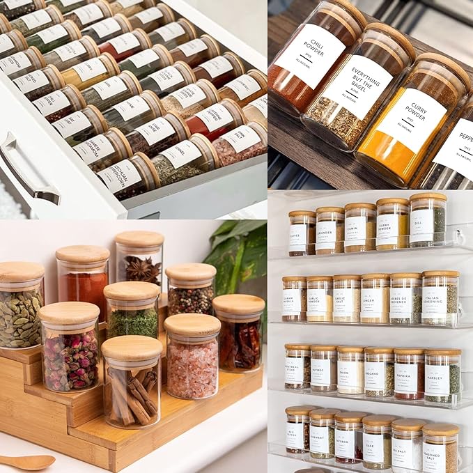 12 Pcs Glass Spice Jars with Bamboo Airtight Lids and 191 Labels - 8.5oz Small Food Storage Containers for Kitchen, Seasoning, Coffee, Herb - Spoon and Marker Included
