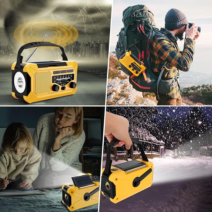 10000mAh Emergency Hand Crank Radio with LED Flashlight, AM/FM NOAA Portable Weather Alert Radio, Solar Powered with Phone Charger, USB Charged, Headphone Jack, SOS Alarm, Compass (Yellow)