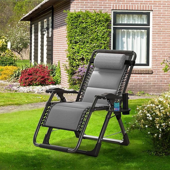 ABORON Zero Gravity Chair,Premium Outdoor Lawn Folding Lounge Chairs,Sturdy Adjustable Reclining Patio Chairs with Built in Cushion,Headrest & Tray