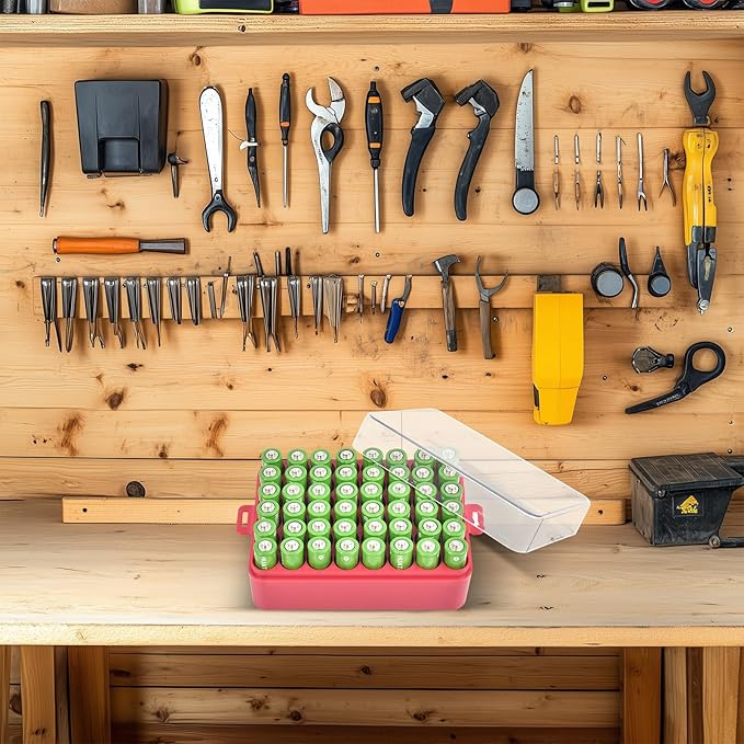 ALCYON Battery Organizer Storage Case, Small Battery Vault Box Container for 48pcs AA Batteries, Plastic Clear Protective Battery Holder for Travelling/Home/Office (Red, Large)
