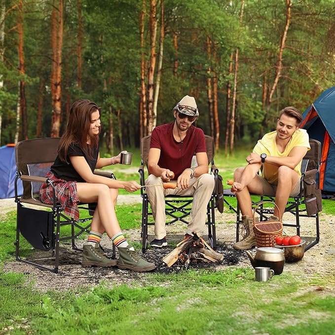 VINGLI Camping Chairs, Directors Chair, Camping Chair with Side Table & Carry Bag,Heavy Duty Camping Chairs for Adults,Portable Folding Camping Chair 2 Pack, for Beach, Fishing,Trip,Picnic,Lawn-Brown