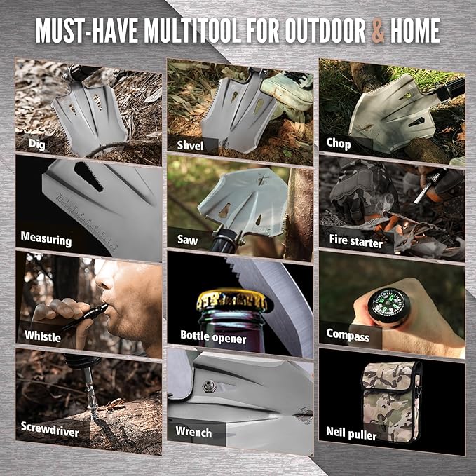 Zune Lotoo Tactical Shovel Survival Multitool, Military Portable Folding Camping Shovel Compact Camping Gear for Men Outdoor Survivalist Gift Hiking Backpack Emergency Offroad Entrenching Tool Spade