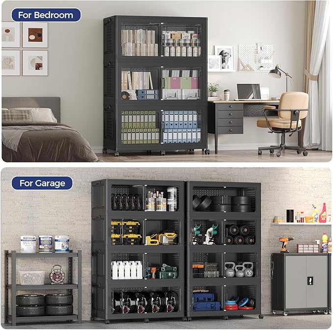 120GAL Extra Large Storage Bins with Lid, 480Qt Stackable Closet Organizers and Drawers, Collapsible Storage Bins with Wheels, Folding Storages Cabinet for Home Bedroom Office, 3Pack Black