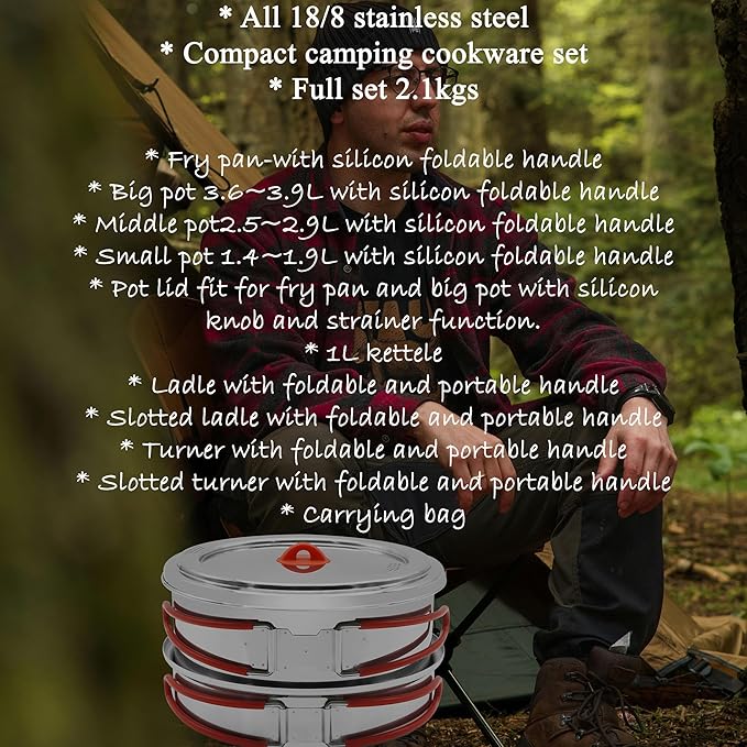 8.7"x8.7"x5" Large Capacity Compact 11 Pcs 4 to 8 People Stainless Steel Camping Cooking Cookware Sets with Utensils and Kettle, Outdoor Mess Cooking Kit with Carrying Bag