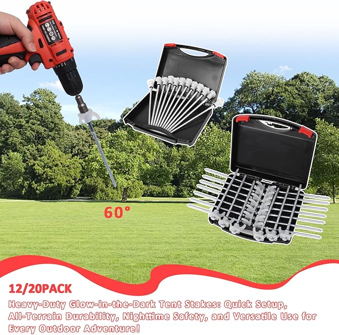 8" Screw in Tent Stakes - 20 Pack Heavy Duty Ground Anchors Screws for Camping, Canopy, Awning and Outdoor Tent Pegs - Metal Tent Stakes with Hex Head Driver & Storage Box