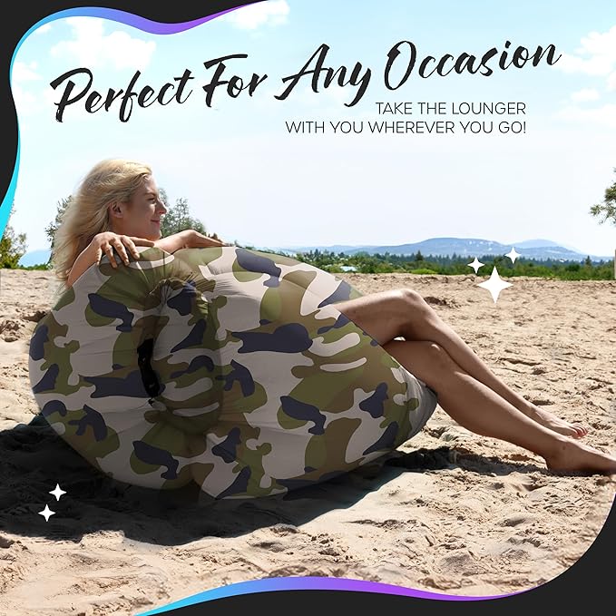 Nevlers Inflatable Lounger | 210T Polyester Inflatable Chair | No-Pump Blow Up Couch | Camping Couch Air Sofa Bed w/ 450 lbs. Cap., Pockets & Matching Bag | Use as Inflatable Couch for Adults & Kids