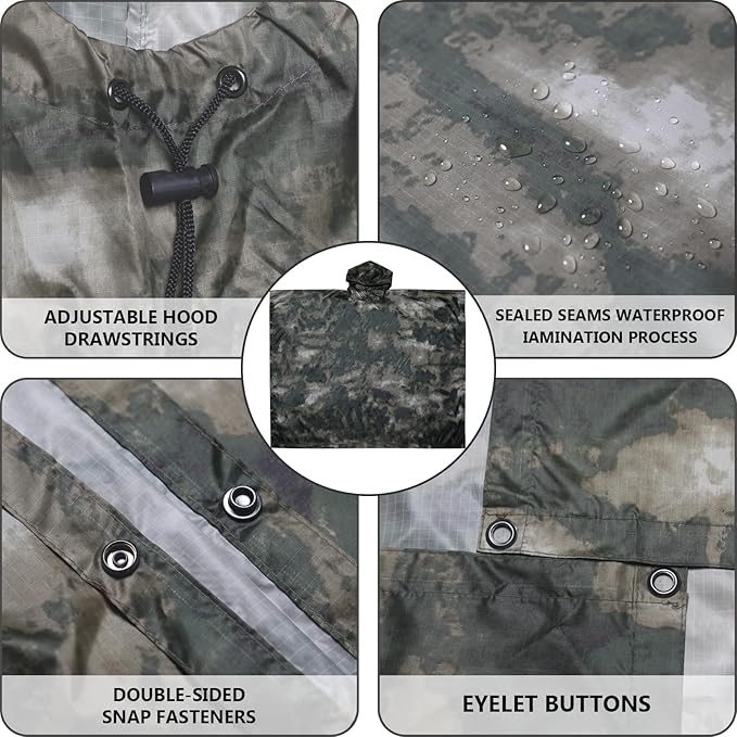 GRVCN Military Rain Poncho, Camouflage Raincoat Outdoor Waterproof Lightweight