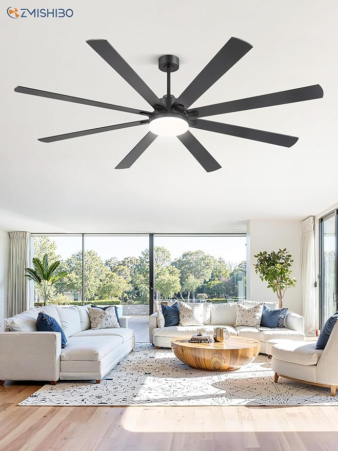 80 Inch Ceiling Fans with Lights and Remote , Indoor/Outdoor Industrial Ceiling Fan with Large LED Panel, Quiet Reversible DC Motor, 6-Speeds, 3CCT, Black Ceiling Fans for Patio, Livingroom, Garage