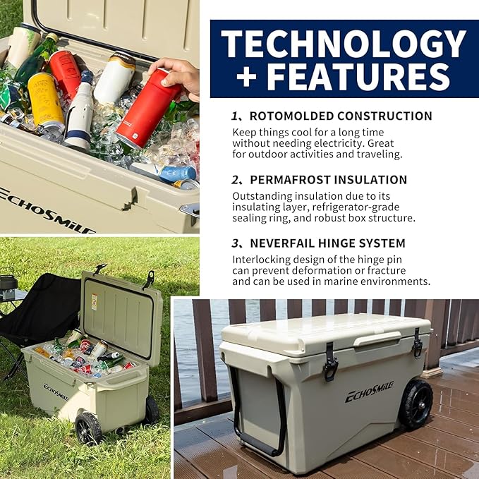 EchoSmile 25/30/35/40/60/75 Quart Rotomolded Cooler, Built to Stand up to The Rigors of The Journey