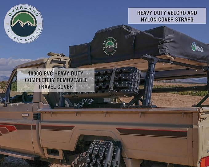 Overland Vehicle Systems TMBK 3 Person Roof Top Tent with Rain Fly Tan Body & Green Rainfly - Black Aluminum Base with Black Ladder - Universal Fitment