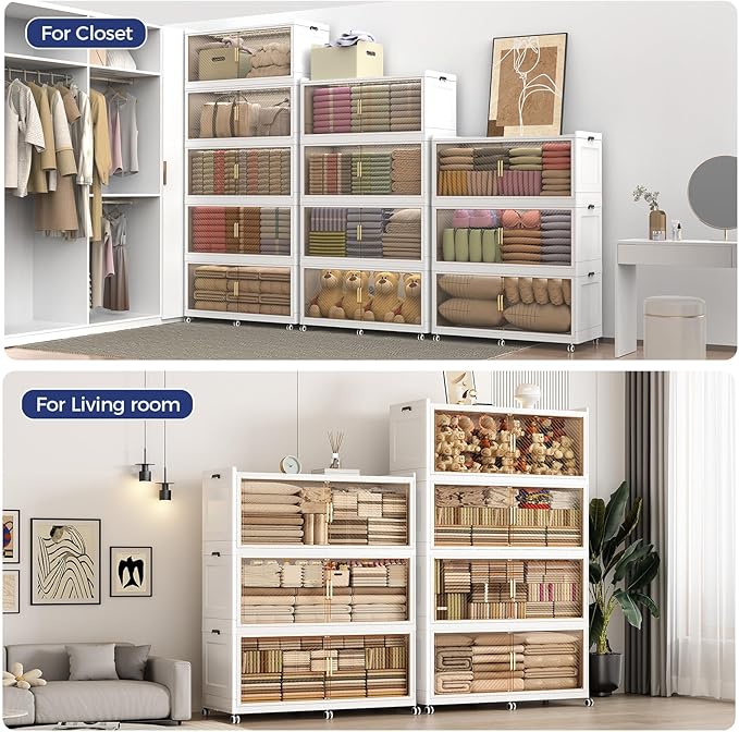 240GAL Extra Large Stackable Storage Bins with Lid, 960QT Plastic Closet Organizer and Storage Cabinet with Wheels and Doors, Folding Storage Box Container for Home Organization, 3Pack White