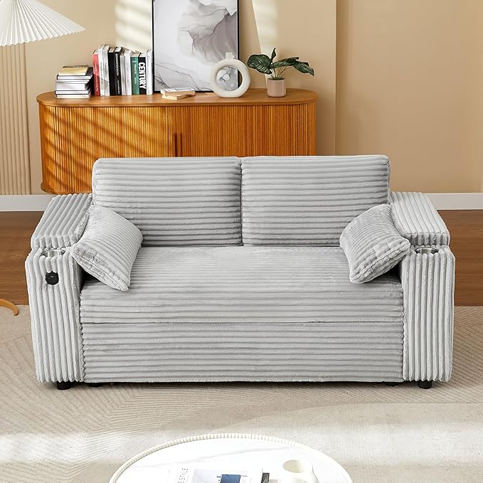 68.11" Corduroy Sleeper Chair Bed with USB Port, Cup Holders & Side Storage Pockets – 3-in-1 Foldable Sofa Bed for Guest Room, Living Room (ZY-1110-Light Gray)