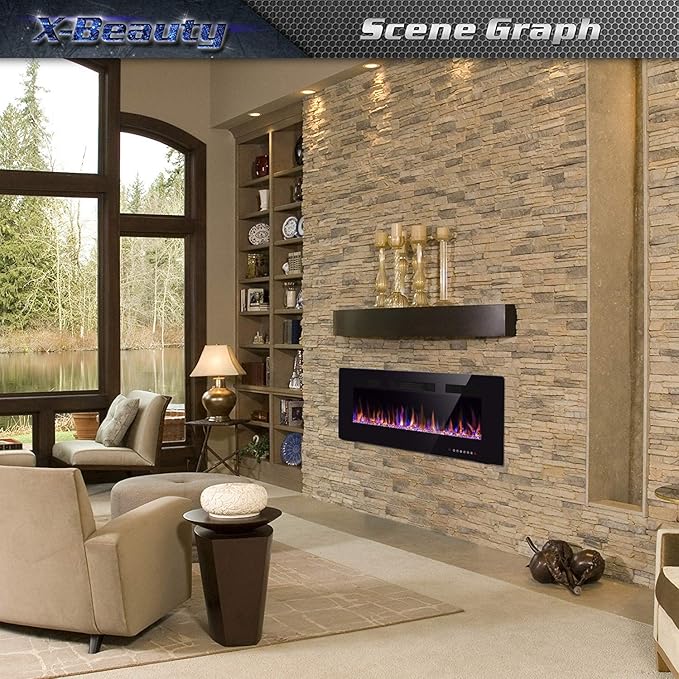42" Fireplace in-Wall Recessed and Wall Mounted 1500W Heater and Linear Fireplace with Timer/Multicolor Flames/Touch Screen (Black)