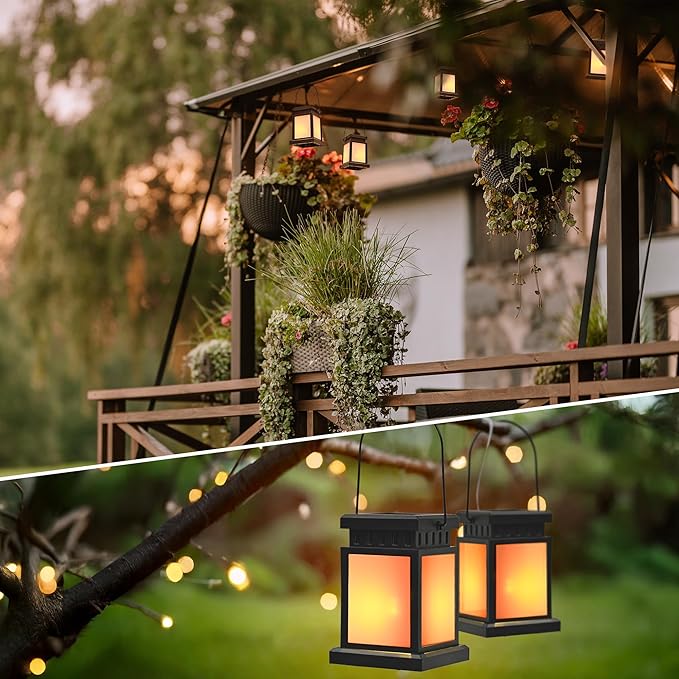 GIGALUMI Solar Lanterns Outdoor Waterproof, 8 Pack Hanging Solar Lanterns for Outside, Flame Effect Outdoor Lights for Pathway, Garden, Patio, Lawn, Porch, Gazebo, Tent, Tree, Yard(Flickering Lights)