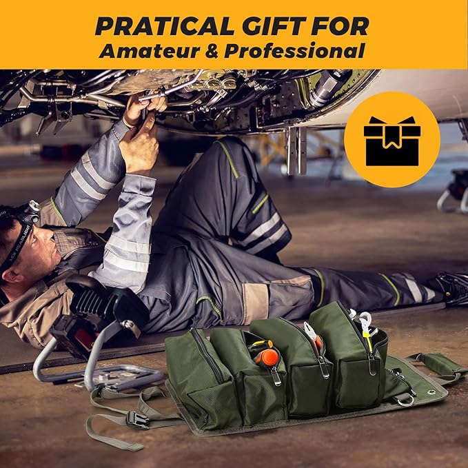 Heavy Duty Tool Bag, Roll Up Tool Organizer for Men Women, Portable Tool Storage Box with 4 Detachable Zipper Pouch, Compact Small Carrier Bag for Electrician Mechanic, Father Day Dad Gift, Green