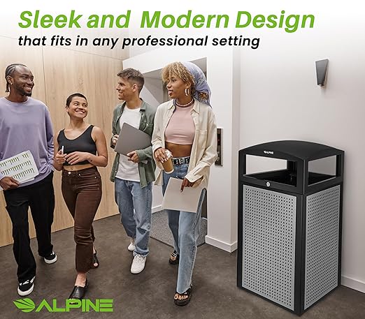 Alpine Outdoor Commercial Trash Can with Lid - 40 Gallon Heavy Duty Metal Garbage Can with Removable Bin, Locking Lid for a Modern Look in Parks, Malls, Parkings & High Traffic Areas (Black & Grey)