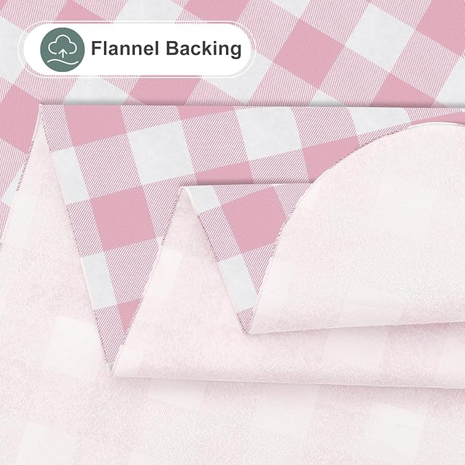 misaya Rectangle Waterproof Vinyl Table Cloth, Buffalo Flannel Backed Tablecloth, Wipeable Plastic Table Cover for Dinner, Kitchen, Outdoor (60" x 84", Pink and White)