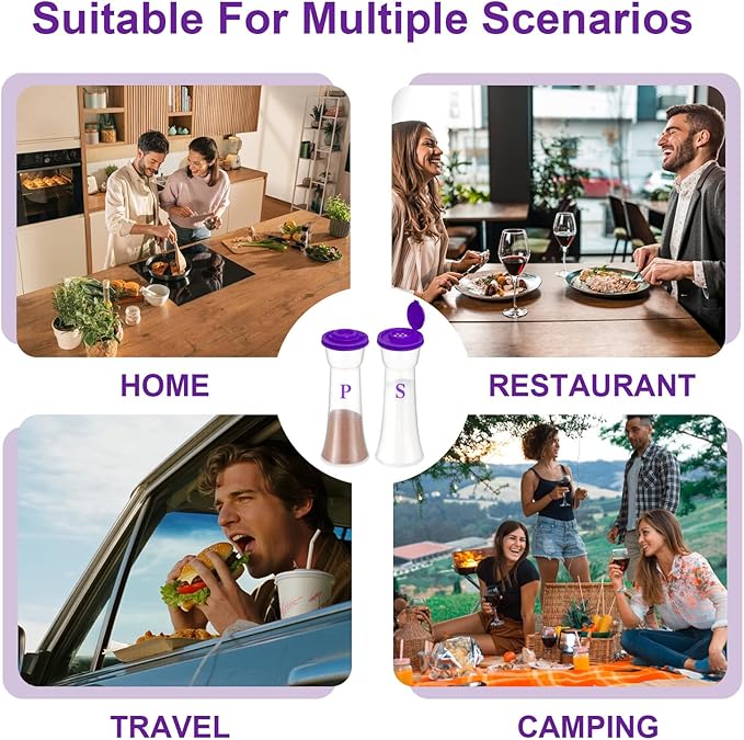 Set of 2 Clear Salt and Pepper Shakers, Plastic Spice Jars with Colorful Lids, Leakproof Moisture-Proof for Home Kitchen Restaurant, Camping, Travel, Picnic (Purple)