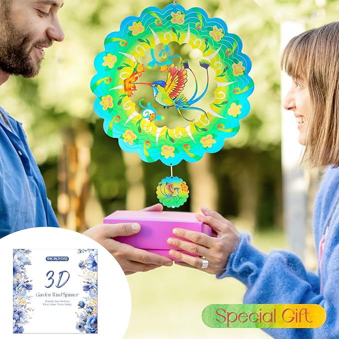 Hummingbird Wind Spinners Garden Yard Decor Gift for Women Men, 12 Inch Outdoor Metal 3D Wind Spinner, Stainless Steel Green Hanging Wind Catchers Kinetic Sculpture for Outside Decoration