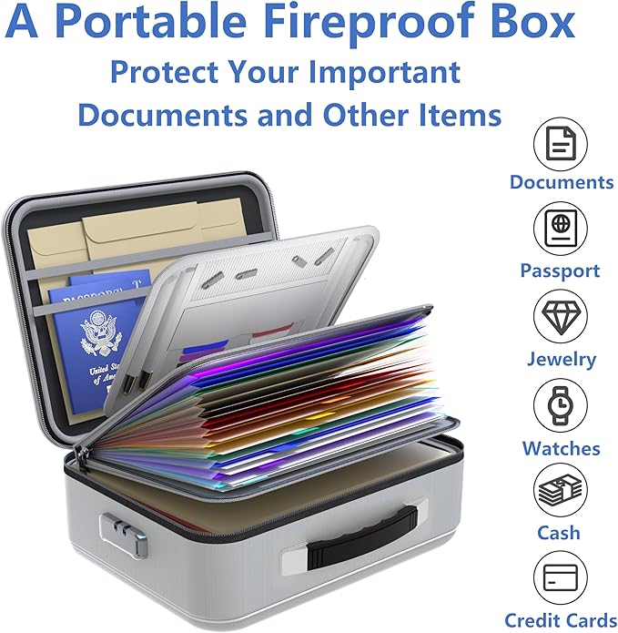 TIGERKING Fireproof Document Box Hard Shell, Fire Proof File Box for Documents with Combination Lock, File Safe Boxs Fireproof Waterproof with Handle, Durable Organizer for Home Office Storage - Grey