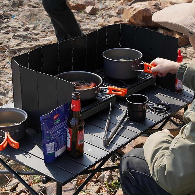 REDCAMP 9.5" High Folding Outdoor Stove Windscreen, 16 Plates Aluminum Camping Stove Windshield with Carrying bag, Lightweight Butane Burner Windshield, Black