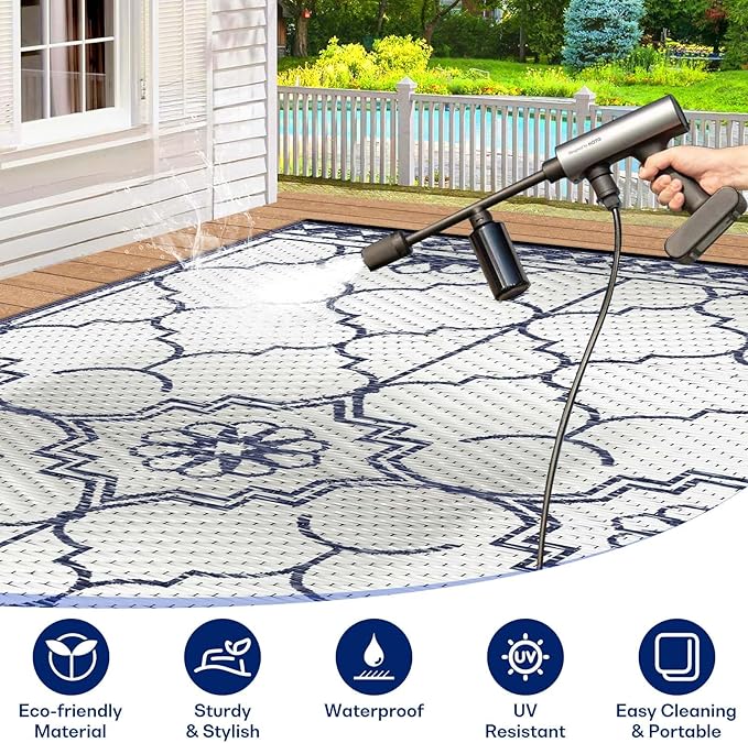 9x12Ft Outdoor Rug, Solar Powered Outdoor Rug with 131LEDs Strip Lights for House Deck, Waterproof Plastic Reversible Outdoor Straw Rugs, Rugs Mat RV Camping Patio Beach Balcony Picnic (Blue White)