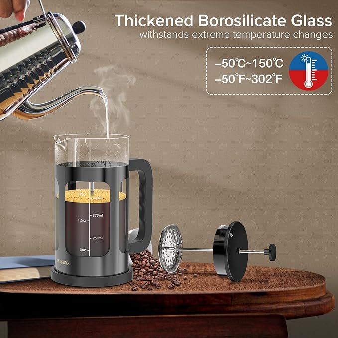 French Press Coffee Maker, French Press 304 Stainless Steel with 4 Filter, Heat Resistant Durable, Easy to Clean, Borosilicate Glass Coffee Press, 100% BPA Free Glass Teapot, 21 ounce, Dark Pewter