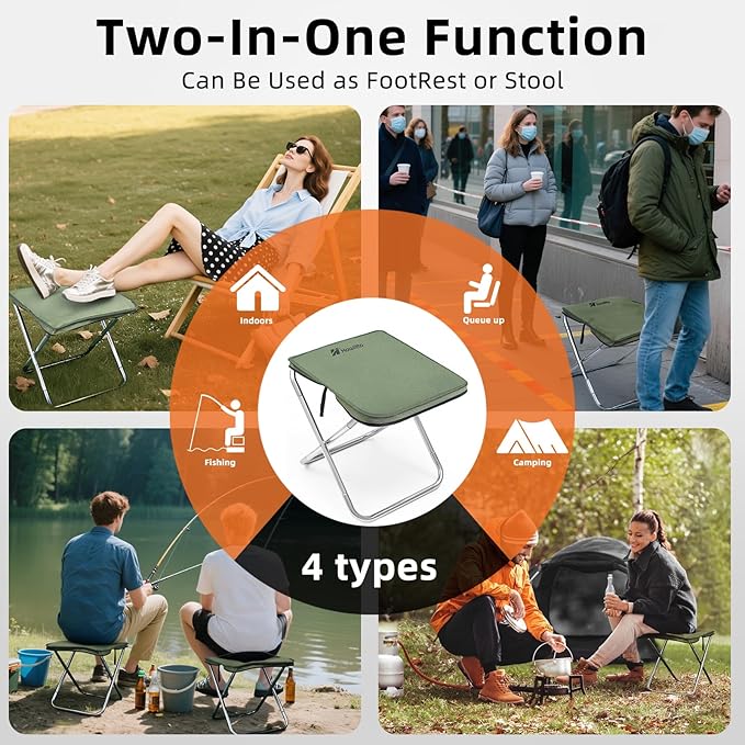 Camping Stool, 16in Tall Portable Folding Stool with Carry Bag, Upgraded Ultralight Chair with Roomy Seat for Adults, Holds 280lbs, Ideal for Hiking, Fishing, Outdoor Use, Green