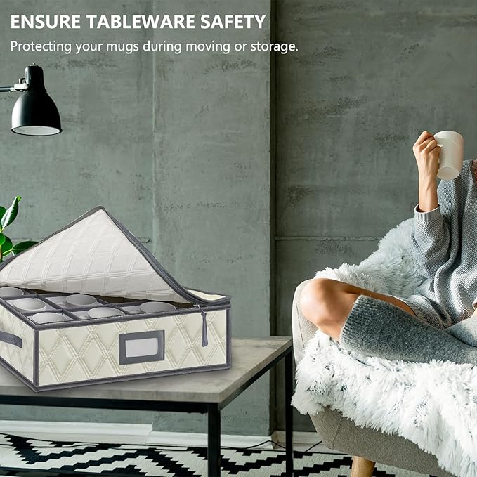 VERONLY Mug and Cup Storage Box with Dividers - 1 Pack China Storage Bin Containers Holds 12 Glassware, Stackable Coffee Mug Organizer Bin and Tea Cup with 2 Metal Zipper,Label and Handles