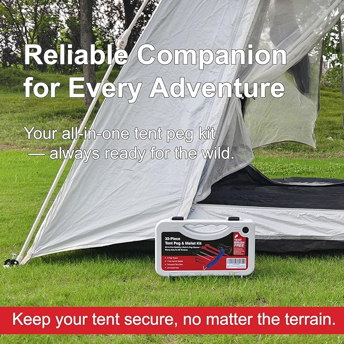 Tent Stakes Kit with Mallet – 33-Piece Camping Peg Set with Rubber Mallet, Plastic & Steel Stakes, Groundsheet Stakes & Peg Puller – Compact Carry Case for Camping, Tents & Canopies