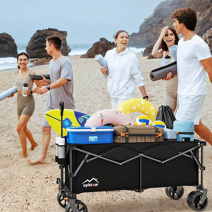 300L Extra Large Collapsible Foldable Wagon, 440lbs Load Capacity 48''L Extended Heavy Duty Folding Beach Wagon with Big All-Terrain Wheels, Utility Garden Cart for Outdoor Activities, Black
