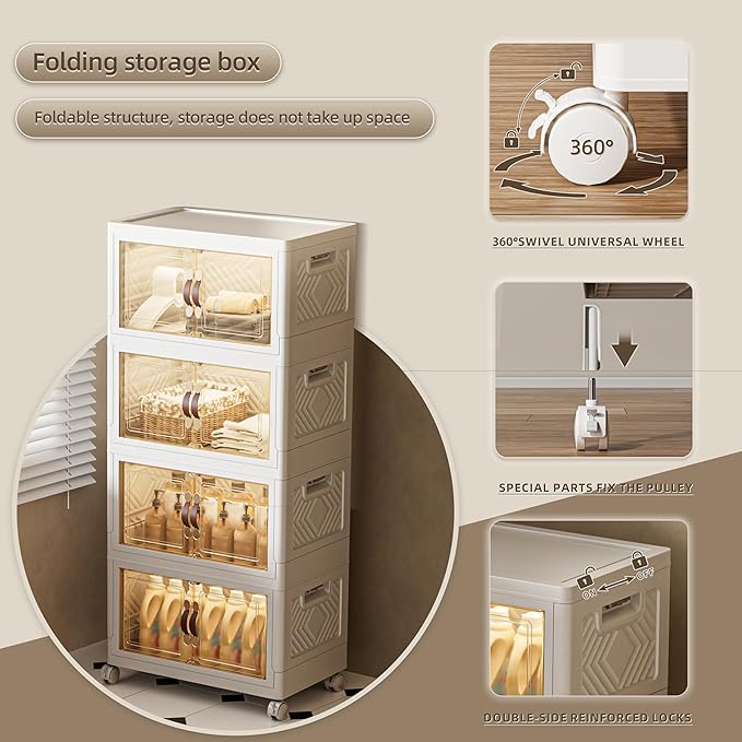 180 QT / 45 Gal Stackable Storage Bins (1 Lid) w/Wheels & Magnetic Doors, Collapsible Plastic Organizer Cabinet for Closet Office Garage - White Storage Containers