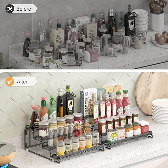 4 Tier Spice Rack Organizer for Inside Cabinet Display Riser Shelf Seasoning Organizer for Countertop Cupboard Pantry Step Storage Holder with Protection Railing (2PC Black)