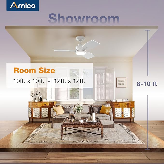 Amico Ceiling Fans with Lights, 36 inch Ceiling Fan with Light and Remote Control, Reversible, 3CCT, Dimmable, Noiseless, Small White Ceiling Fan for Bedroom, Indoor/Outdoor Use