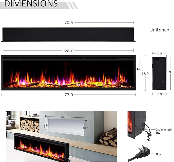 LegendFlame 72" W Smart Wall Mount & in Wall Recessed Electric Fireplace Insert, Heater 750W/1500W, Multi Colors of Flame & Fuel Bed, Alexa/Google Assistant Enabled